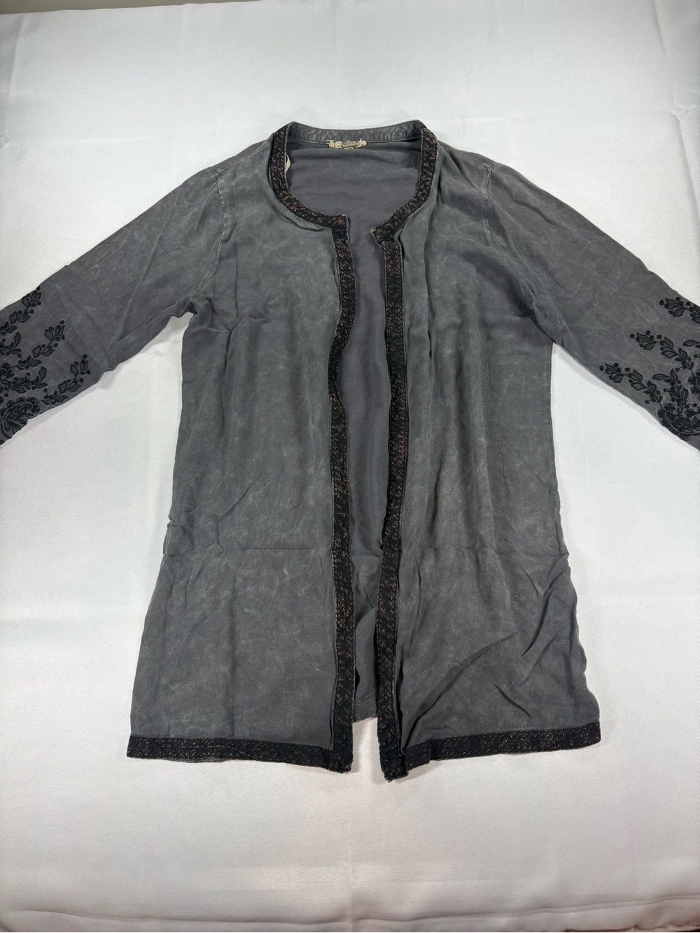 Free People XL Gray Embroidered Longline Open Front Cardigan